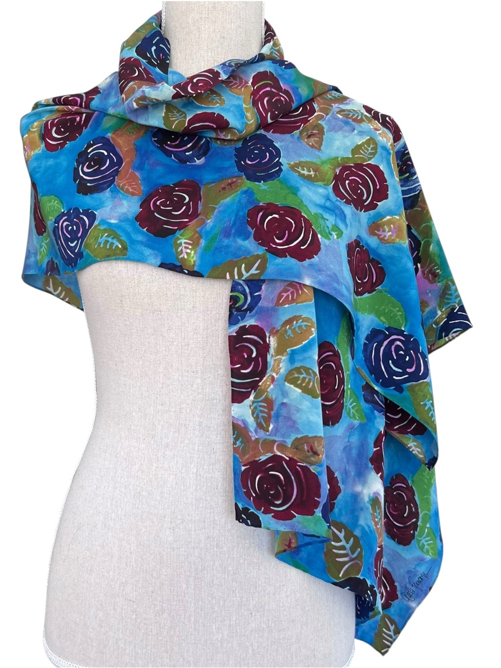 Angela Frascone Whimsical Vibrant Floral Rectangular Art to Wear Scarf 20" x 58"